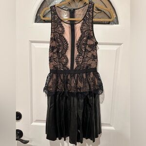 BCBGMaxazria Lace/Leather Layton Holiday Black Dress in Small